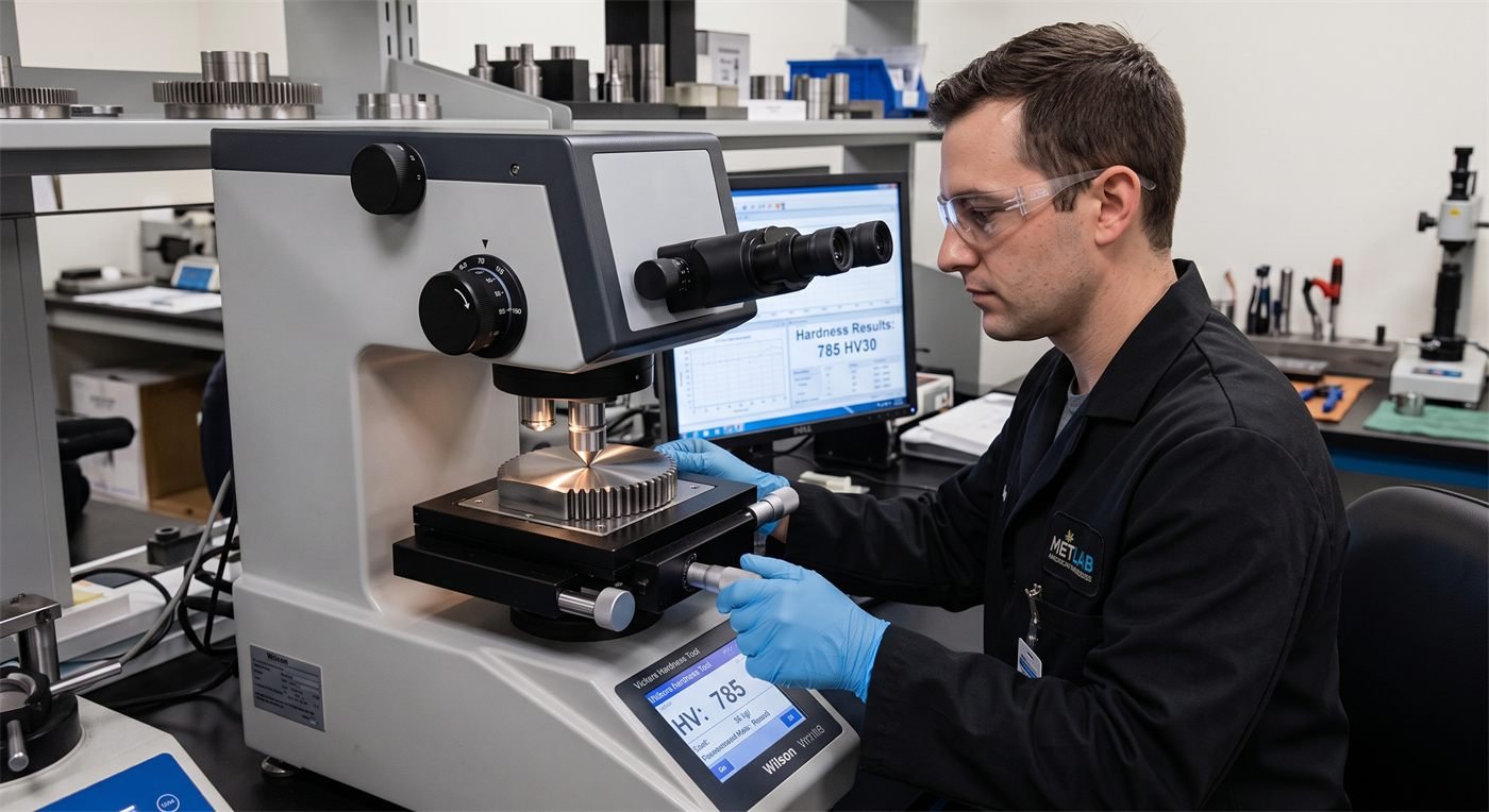Técnico medindo dureza de peça com durômetro em laboratório